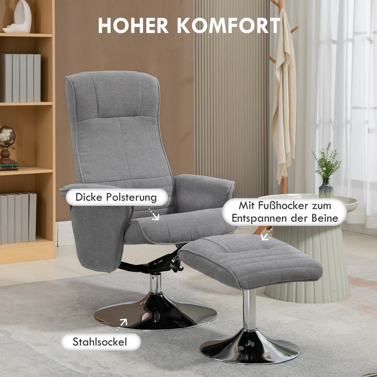 RELAXSESSEL mit Fußhocker 360°drehbarer Fernsehsessel bis 150 kg Samt Grau - Chromfarben/Grau, Textil/Metall (71/104/69cm) - HOMCOM