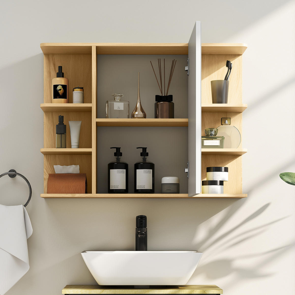 SPIEGELSCHRANK mit 2-stöckigem Schrank und 6 offenen Fächern, 80 x 20 x 59 cm ,Holz - Braun, Glas (80/59/20cm) - Vallsero