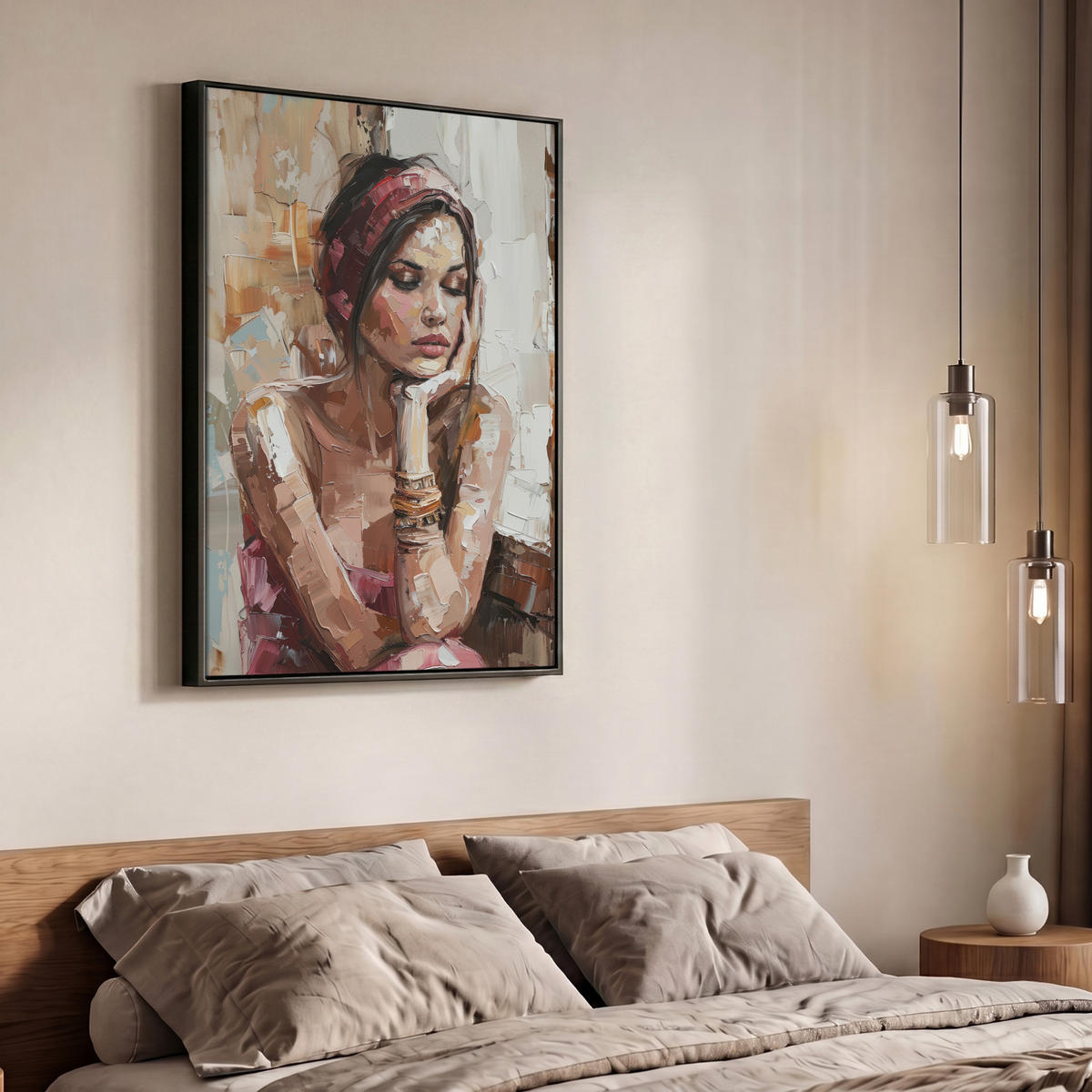 LEINWAND Bilder mit Rahmen - Frau - Lackierung - Porträt - Modern - 70x100 - Altrosa, Textil (70/100cm) - MuchoWow