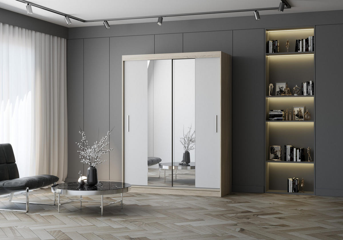 SCHIEBETÜRENSCHRANK - LARA 01 (Sonoma + Weiß) - Weiß/Sonoma Eiche, Holzwerkstoff/Metall (150/200/61cm) - Möblo