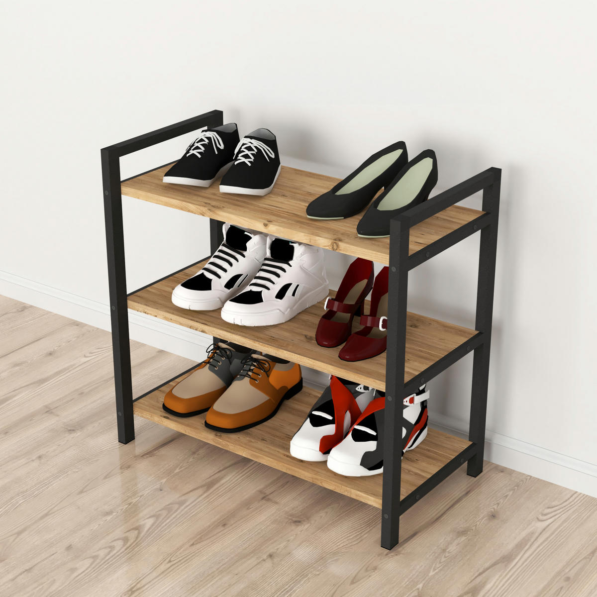 SCHUHREGAL Sømna - Eichefarben, Metall (66/70/36cm) - [en.casa]