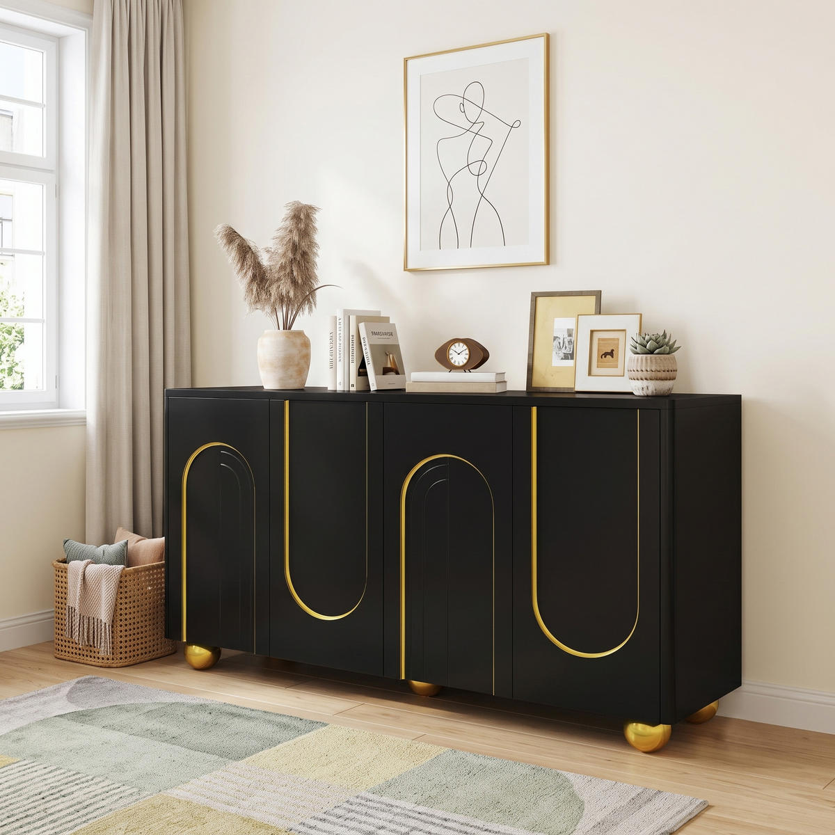 PŘÍBORNÍK se 4 dvířky a zlatým dekorem, černý, 140 cm - černá, kompozitní dřevo (140/74/40cm) - Urban Meuble