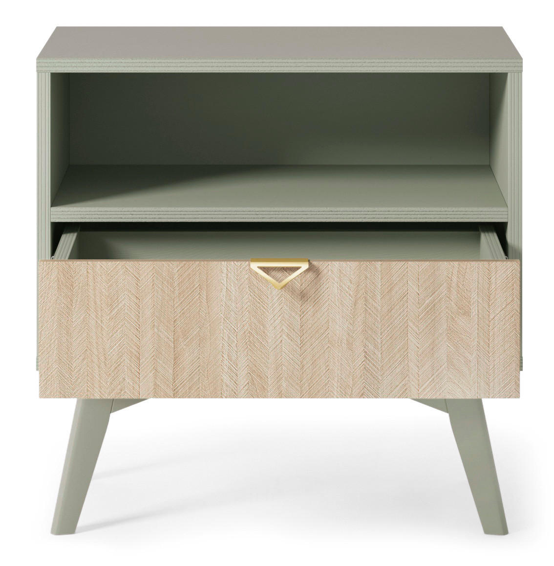 NACHTTISCH Silva in der Farbe Eukalyptus + Scandi-Fischgrätmuster mit Ablage und Schublade - Goldfarben/Grün, Holz/Holzwerkstoff (54/54/38cm) - Ravio