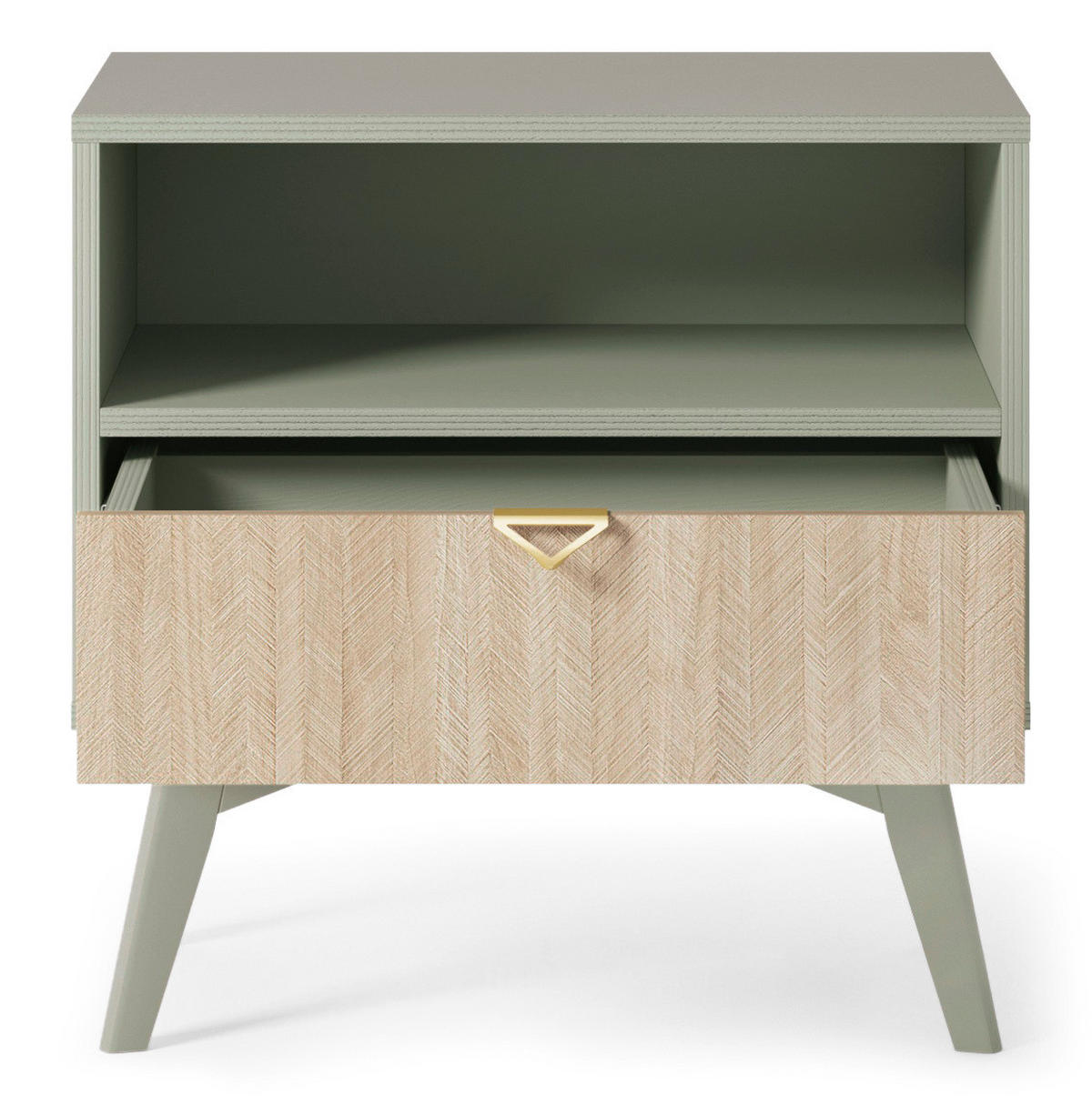 NACHTTISCH Silva in der Farbe Eukalyptus + Scandi-Fischgrätmuster mit Ablage und Schublade - Goldfarben/Grün, Holz/Holzwerkstoff (54/54/38cm) - Ravio