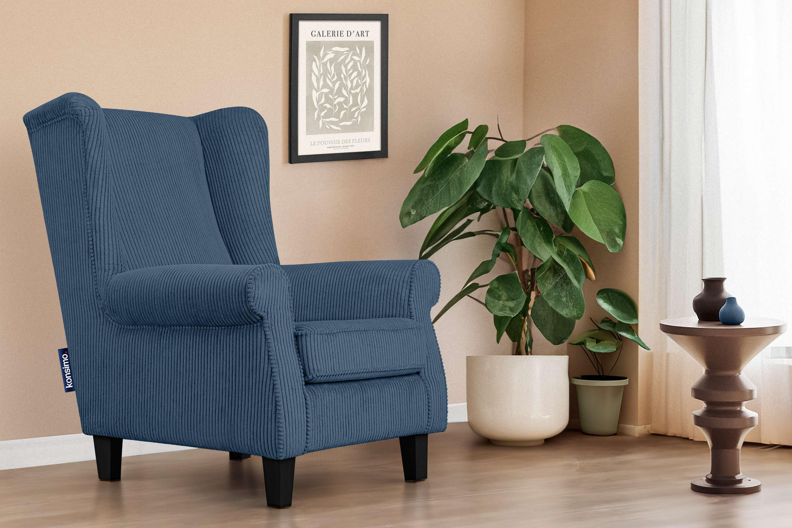 OHRENSESSEL MILES Kord-Bezug Petfriendly, dunkelblau - Dunkelblau, Holzwerkstoff/Buchenholz (82/105/97cm) - KONSIMO®