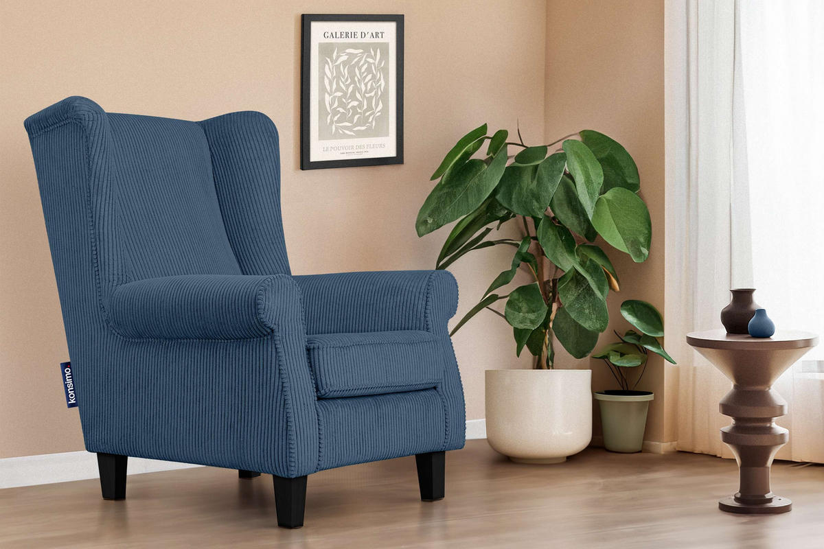 OHRENSESSEL MILES Kord-Bezug Petfriendly, dunkelblau - Dunkelblau, Holzwerkstoff/Buchenholz (82/105/97cm) - KONSIMO®