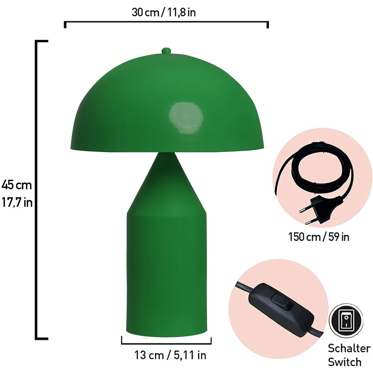 TISCHLEUCHTE Pilzlampen 50/30 - Dunkelgrün, Metall (30/50cm) - Bamyum