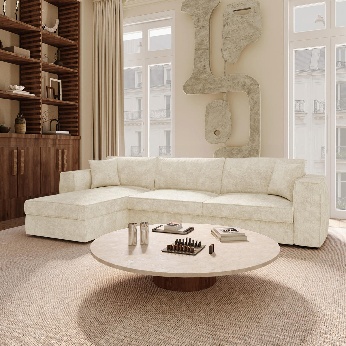 LINKSECK-SCHLAFSOFA MIKA Köpergewebe mit weichem Griff Creme 292cm - Creme, Textil (292/100cm) - Premium Interiors