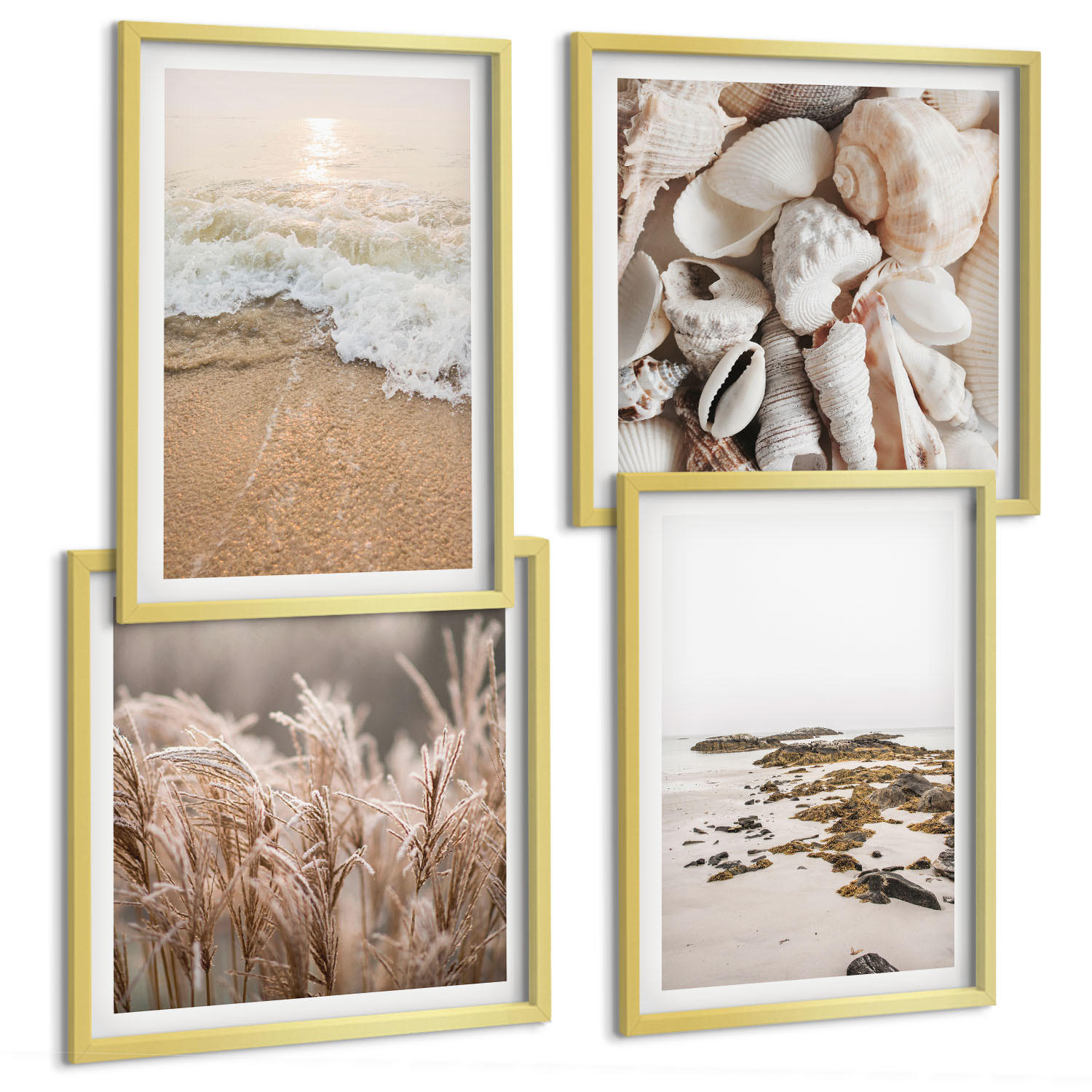 BILDER SET 4er Set - 50x50 cm & 40x60 cm Goldrahmen - Strandgras, Wellen, Steine, Boho-Stil - Goldfarben, Kunststoff (50/50cm) - TULUP