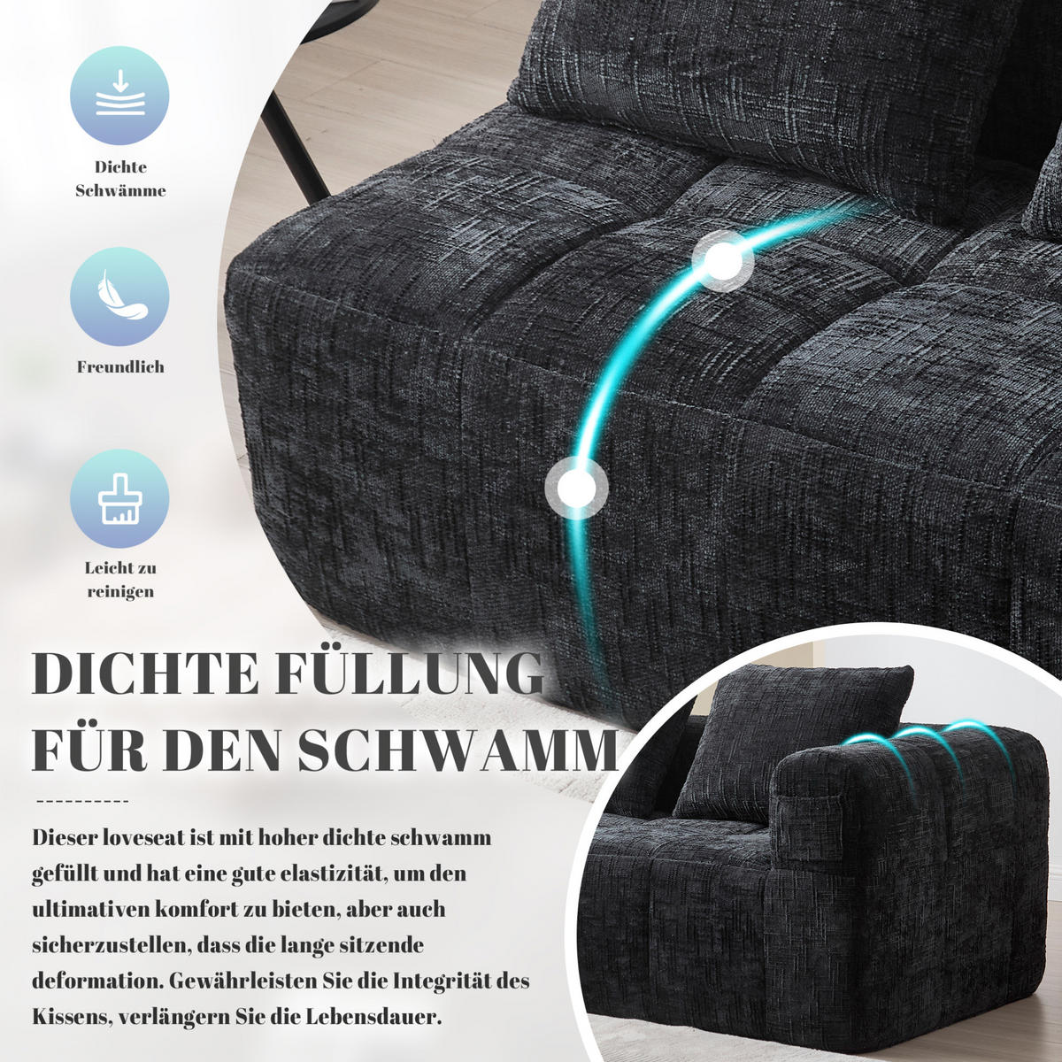 2-SITZER 158/90/60 cm Schwarz aus Chenille mit Seitentaschen - Schwarz, Textil (90/60/158cm) - OKMYHOME
