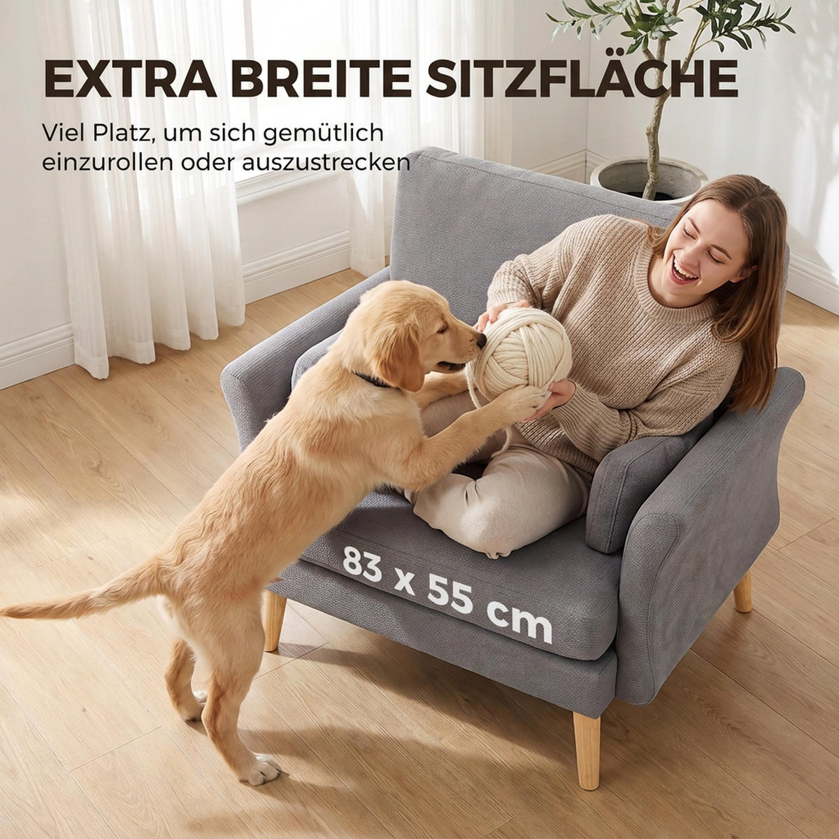 SESSEL Polyester Kautschukholz Dunkelgrau - Dunkelgrau/Naturfarben, Holzwerkstoff/Textil (80/88/103cm) - HOMCOM