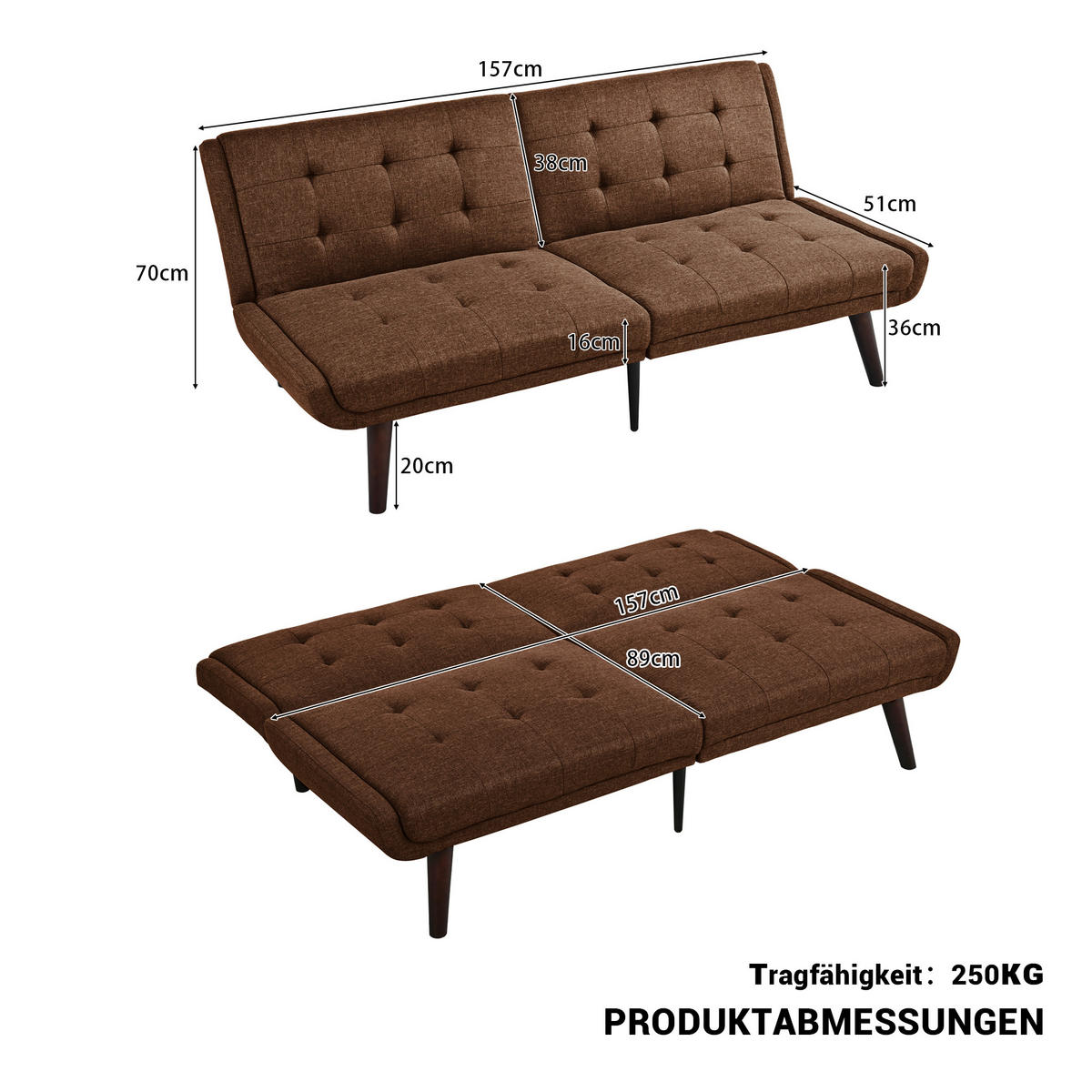 SCHLAFSOFA 157/51/70 cm in Leinenoptik Braun, ohne Armlehnen - Braun, Textil (51/70/157cm) - Oxeza