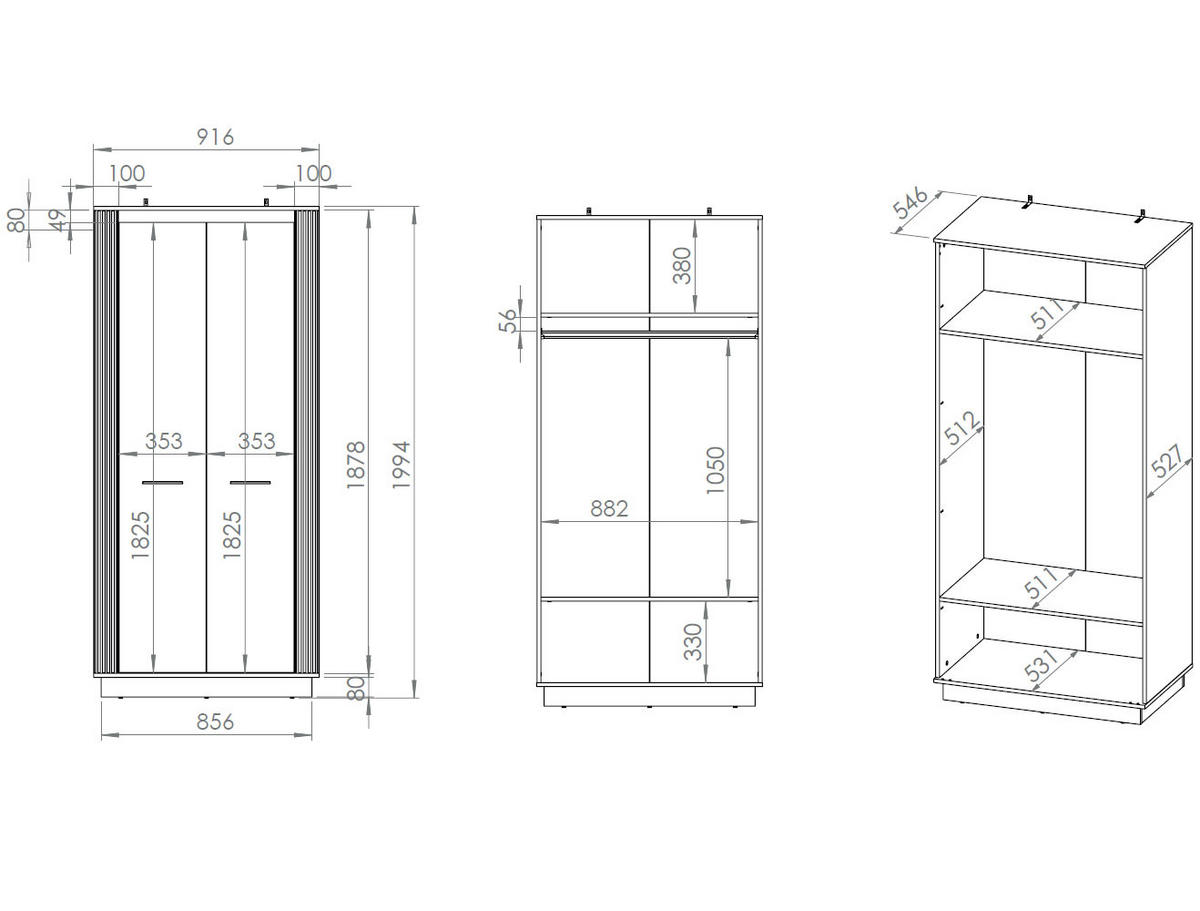 KLEIDERSCHRANK Urso Gold Craft Eiche / Schwarz 92 / 55 / 200cm - Eichefarben/Schwarz, Holz/Holzwerkstoff (92/200/55cm) - Feldmann-Wohnen