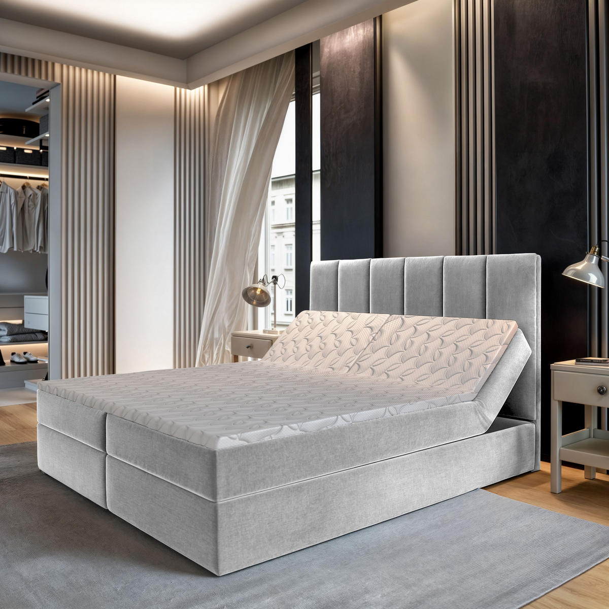 BOXBETT BARINO 160x200 cm mit Matratze und Topper - Hellgrau - Hellgrau, Holz (160/200cm) - MASSENO