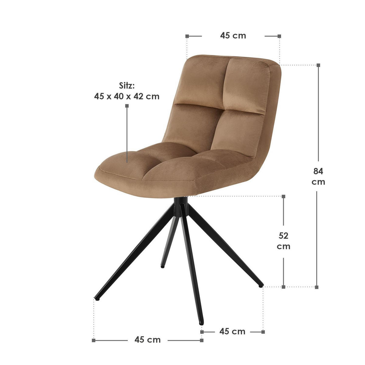 DREHSTUHL Dallas samt dunkelgrau (2er-Set) - Hellbraun, Textil (45/84/45cm) - Juskys