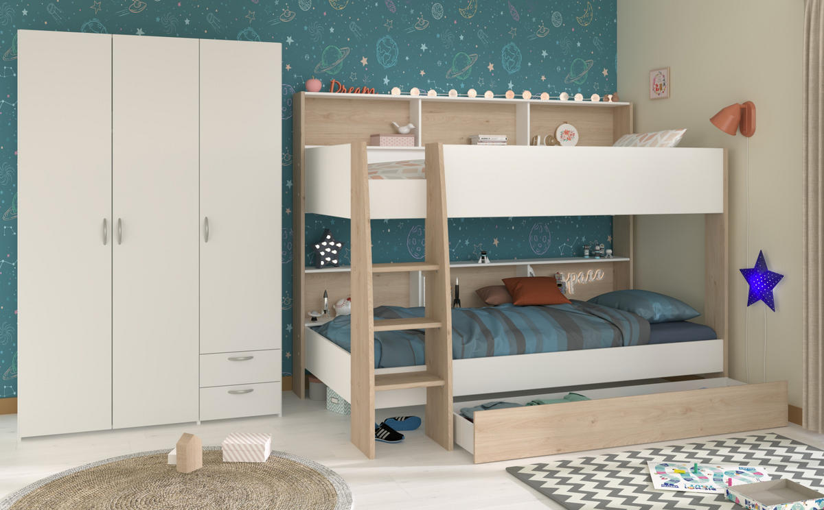 KINDERZIMMER weiß, Eiche 2-teilig, Jugendzimmer-Set mit Etagenbett und Kleiderschrank - Eichefarben/Silberfarben, Holzwerkstoff/Kunststoff (208/165/132cm) - Parisot Meuble