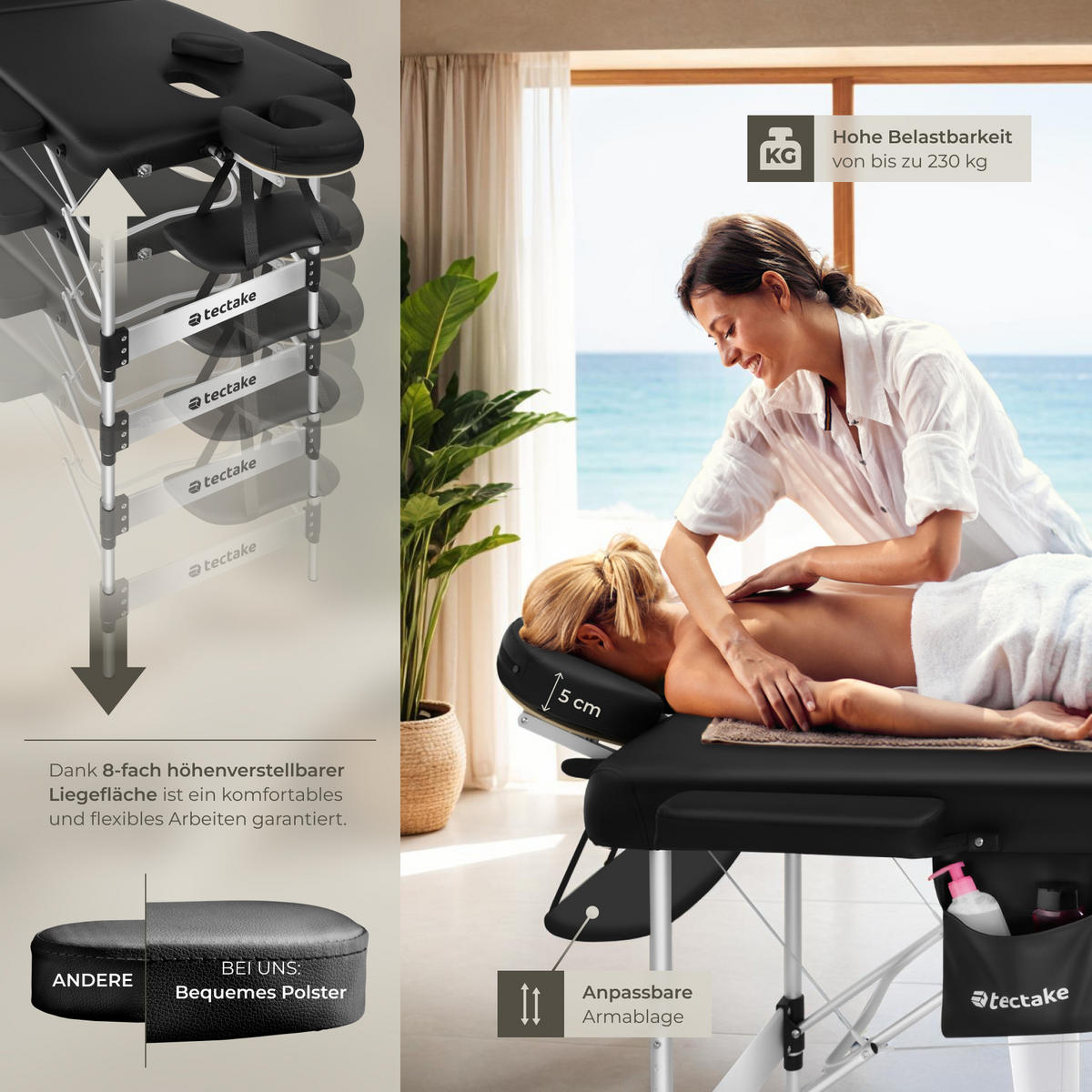 MASSAGELIEGE 3 Zonen Ko Tao,212 x 108 x 90 cm,schwarz - Schwarz, Metall (108/90/212cm) - tectake