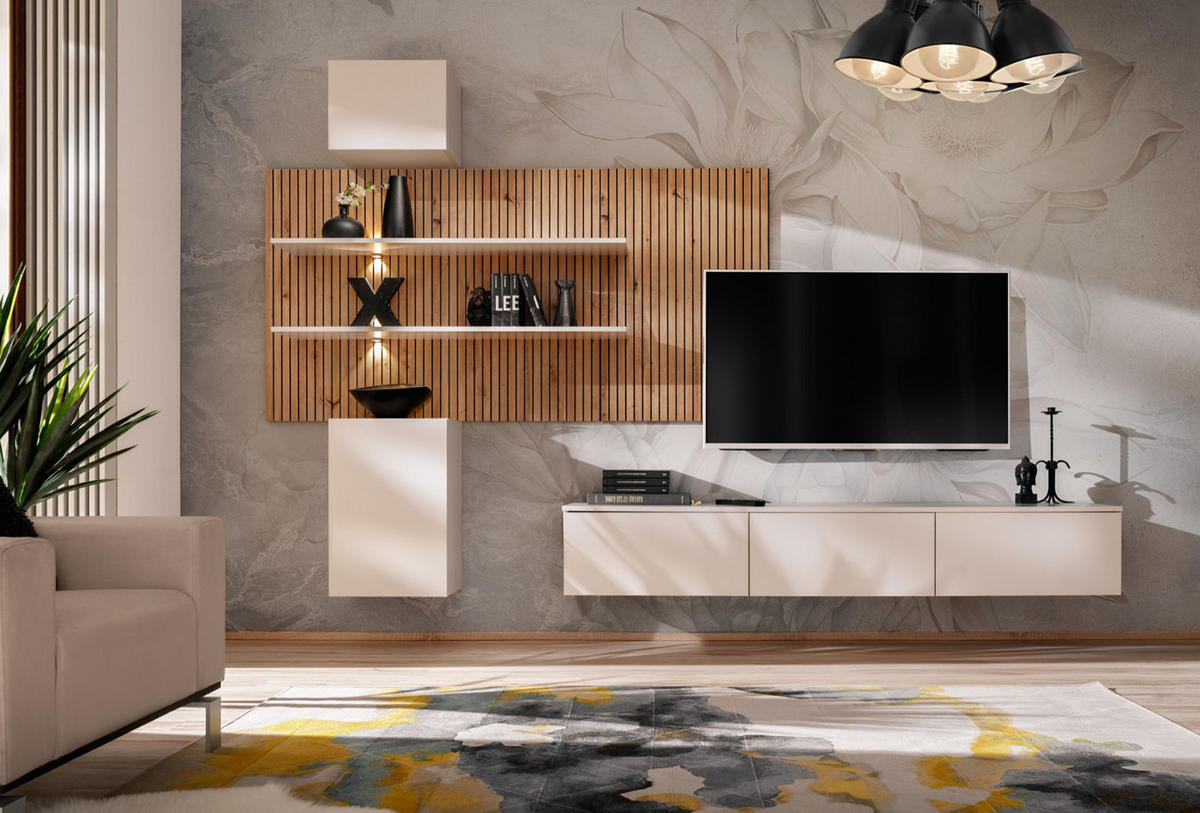 WOHNWAND Sand matt, Eiche Artisan 280 cm, Schrankwand hängend inklusive LED Beleuchtung - Sandfarben/Eiche Artisan, Holzwerkstoff (280/180/45cm) - Furn.Design