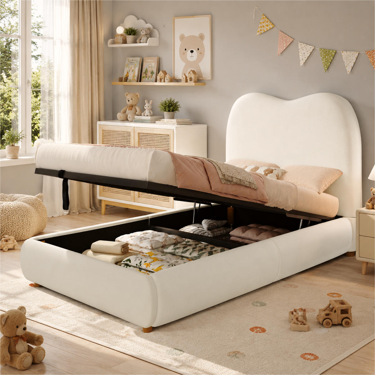 POLSTERBETT 90x200cm, Einzelbett, hydraulisch, Lattenrost, Kopfteil, Stauraum, Samt, Beige - Beige, Textil (90/200cm)