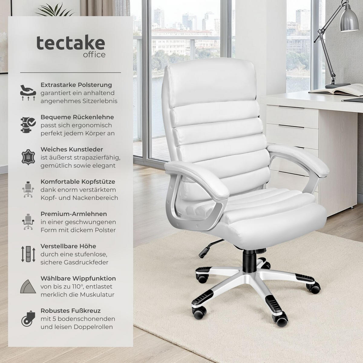 BÜROSTUHL Paul,einstellbare Wippfunktion,weiß - Weiß, Textil (66/124/60cm) - tectake