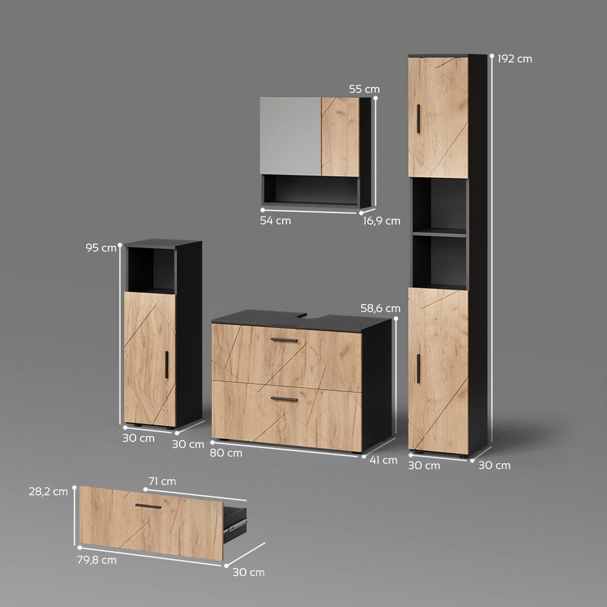 BADMÖBEL-SET Ronco Goldkraft Eiche/Anthrazit 4 Teile, mit Schubladenschrank und Hochschrank - Anthrazit/Eiche Wotan, Holzwerkstoff (80/58/41cm) - Livinity®