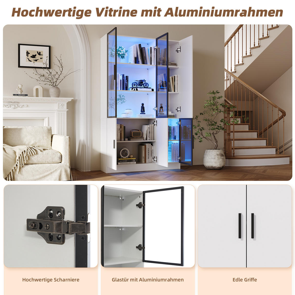 VITRINE 200 cm Weiß mit LED und Aluminiumrahmen - Weiß, Holzwerkstoff (120/200/35cm) - FLIEKS