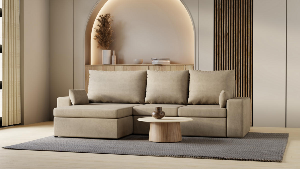 ECKSOFA Paco mit Bettkasten und Schlaffunktion, L-Form/XL-Form, Velourstoff, Universal - Beige, Holzwerkstoff (276/145cm) - 4ALL HOME