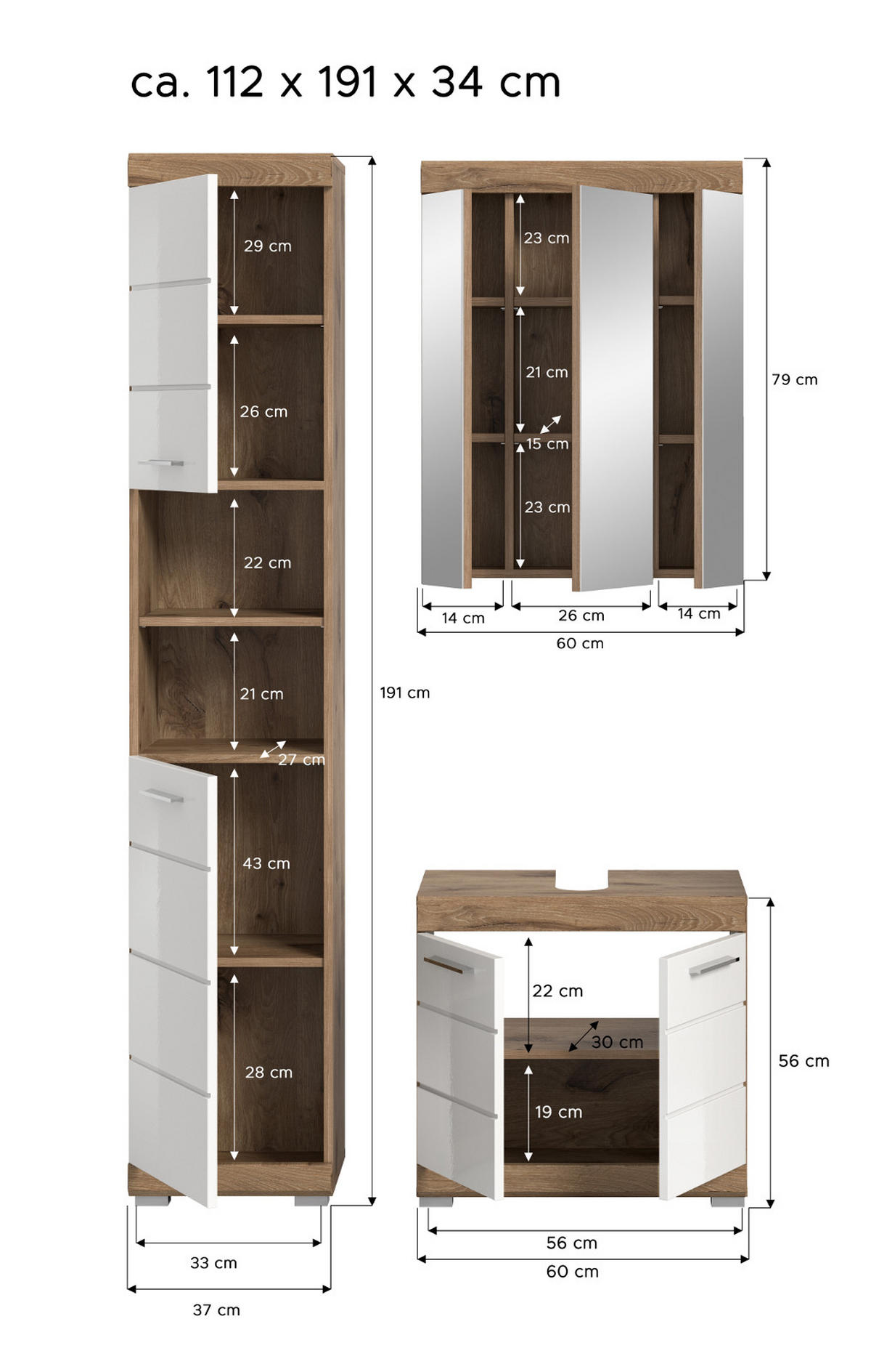 BADMÖBEL-SET weiß Hochglanz, Eiche 3-teilig 112 cm mit viel Stauraum - Weiß Hochglanz/Eichefarben, Glas/Holzwerkstoff (112/191/34cm) - Inn.Furn