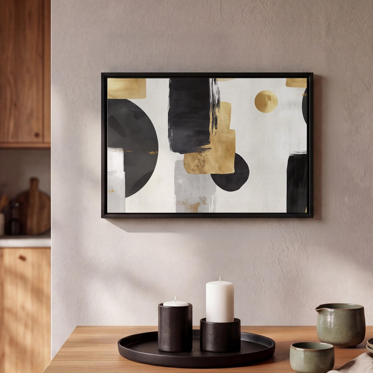 LEINWAND Bilder mit Rahmen - Gold - Rechtecke - Kreise - Abstrakt - 30x20 - Weiß, Textil (30/20cm) - MuchoWow