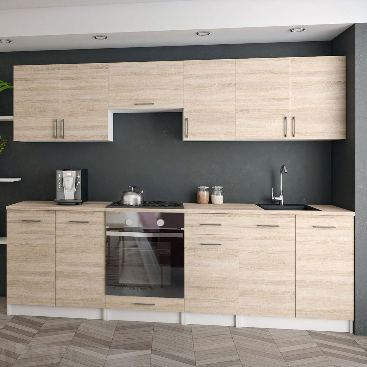 KÜCHENZEILE LECO 240 licht sonoma - Sonoma Eiche, Holzwerkstoff (240/82/46cm) - roe furniture