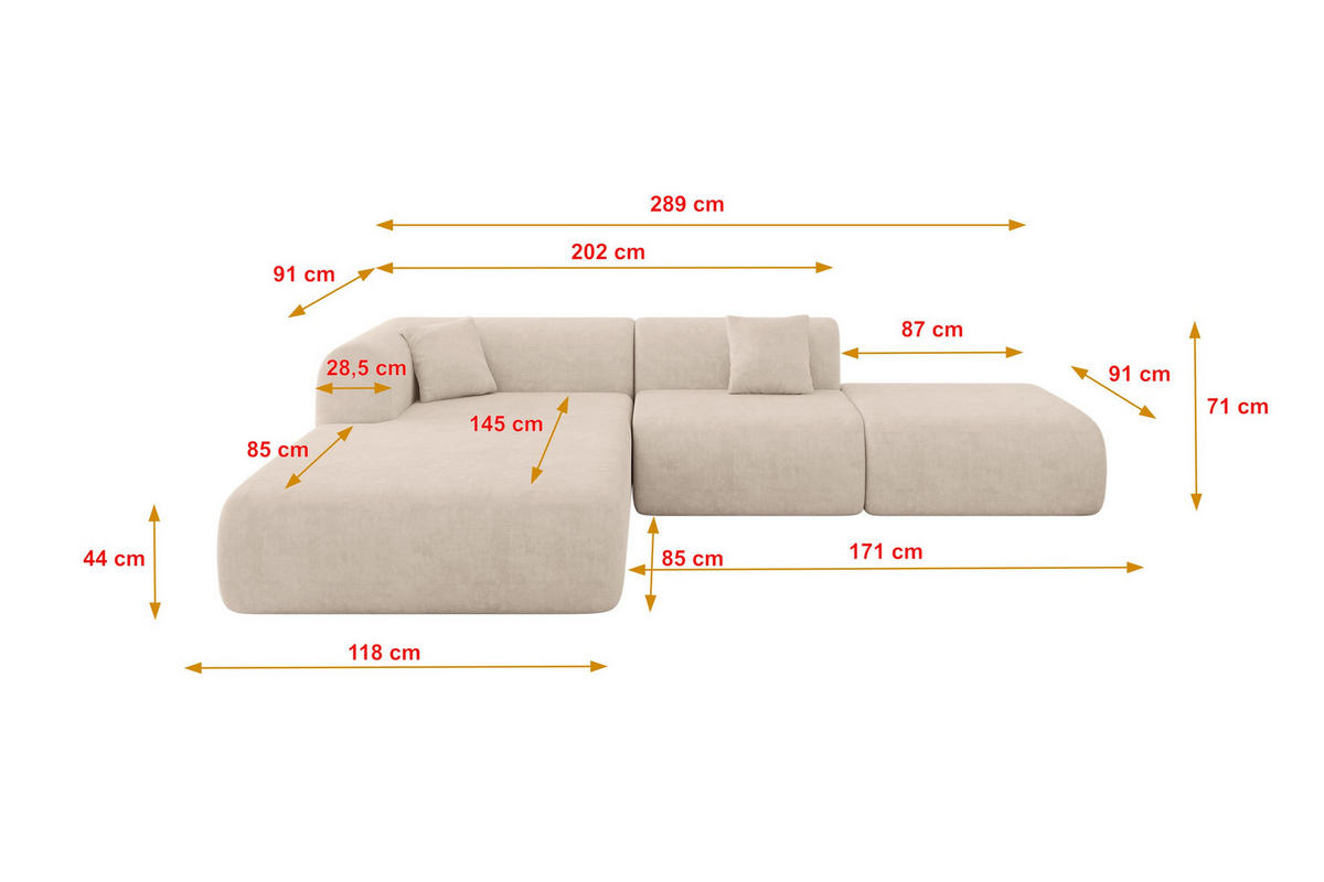 ECKSOFA Ottomane Links OVLY-L 289x176x71 Beige Samt - Beige/Schwarz, Holzwerkstoff/Kunststoff (176/289cm) - ALTDECOR
