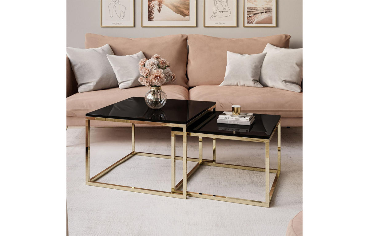 COUCHTISCH YOSHI 2in1 70/70/42 cm Gold Chrom / Schwarz Hochglanz - Schwarz, Holzwerkstoff/Metall (70/70/42cm) - Lookway