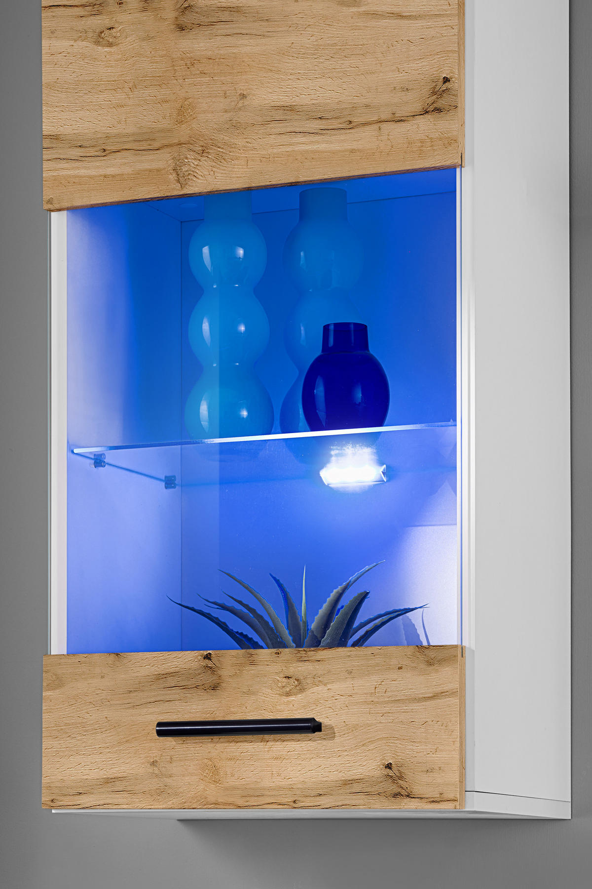 WOHNZIMMERSET VARALLO, 6er-Set, Weiß, Front Eiche Wotan , LED Blau - Eiche Wotan/Schwarz, Glas/Holzwerkstoff (200/190/45cm) - Komodee