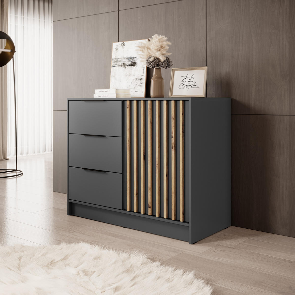 SIDEBOARD NELIANA 105/86/45cm mit 3 Schubladen 1 Türen Graphitfarben - Graphitfarben, Holzwerkstoff (105/86/45cm) - MASSENO