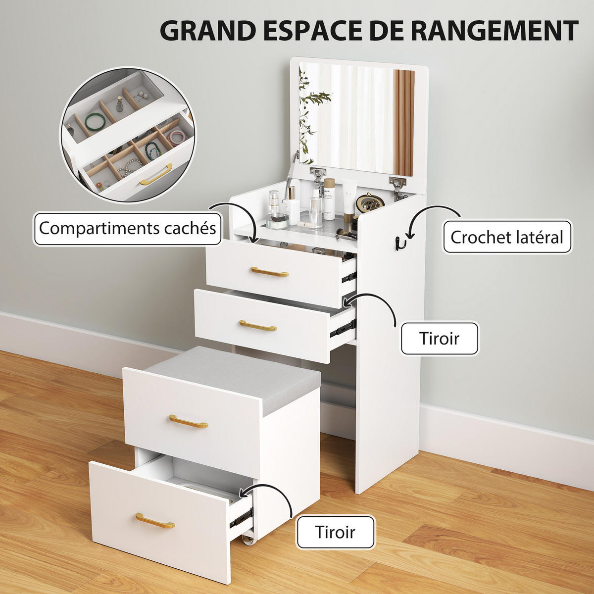 SCHMINKTISCH DE-18302 3-in-1 mit Spiegel, Hocker & Glasplatte Weiß - Weiß, Holzwerkstoff (40/90/48cm) - ComfortXL