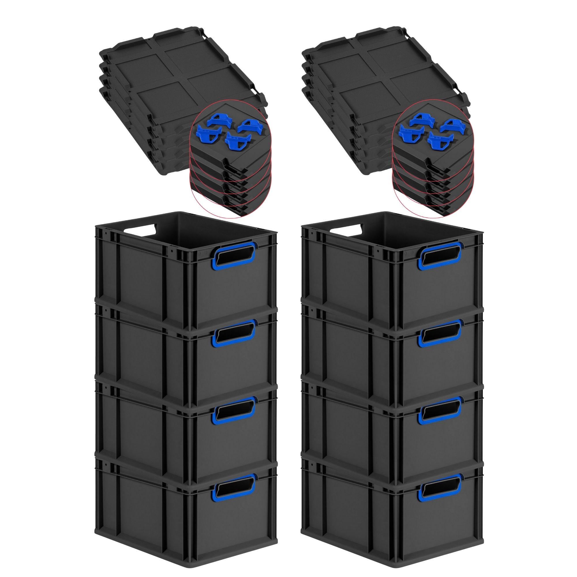 EUROBOX 8x NextGen Color mit Auflagedeckel 22x30x40 cm 20 Liter Schwarz Griffe blau offen - Blau/Schwarz, Kunststoff (30/22/40cm) - PROREGAL