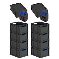 EUROBOX 8x NextGen Color mit Auflagedeckel 22x30x40 cm 20 Liter Schwarz Griffe blau offen - Blau/Schwarz, Kunststoff (30/22/40cm) - PROREGAL