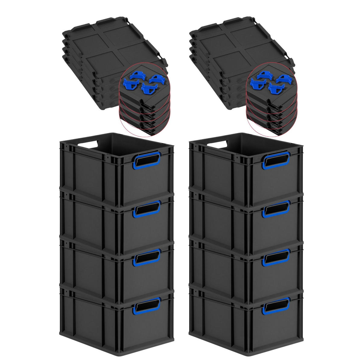 EUROBOX 8x NextGen Color mit Auflagedeckel 22x30x40 cm 20 Liter Schwarz Griffe blau offen - Blau/Schwarz, Kunststoff (30/22/40cm) - PROREGAL