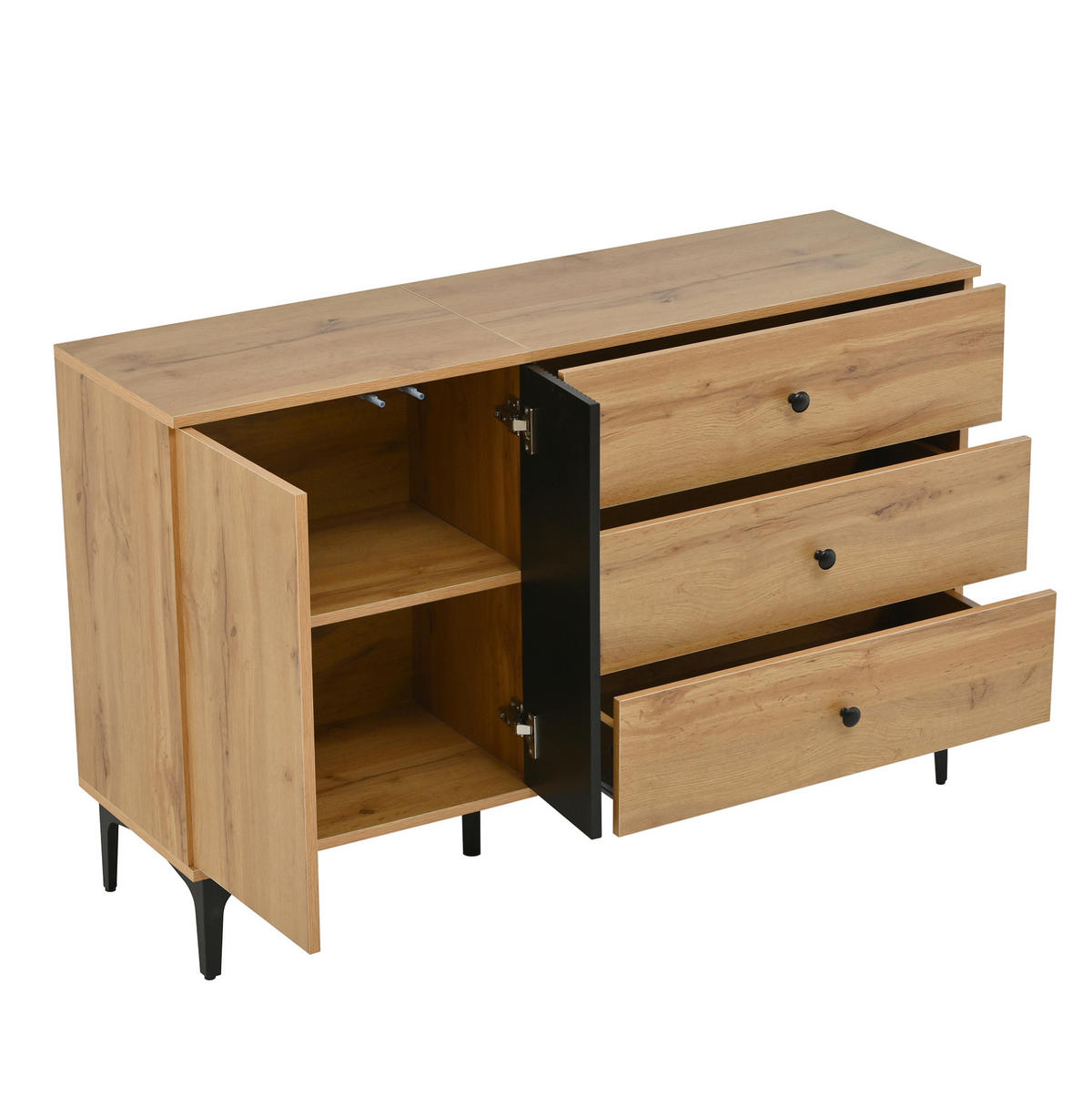 SIDEBOARD 120/35/76 cm Natur/Schwarz aus Holzwerkstoff mit 1 Tür und 3 Schubladen - Schwarz, Holzwerkstoff (120/76/35cm) - OKWISH