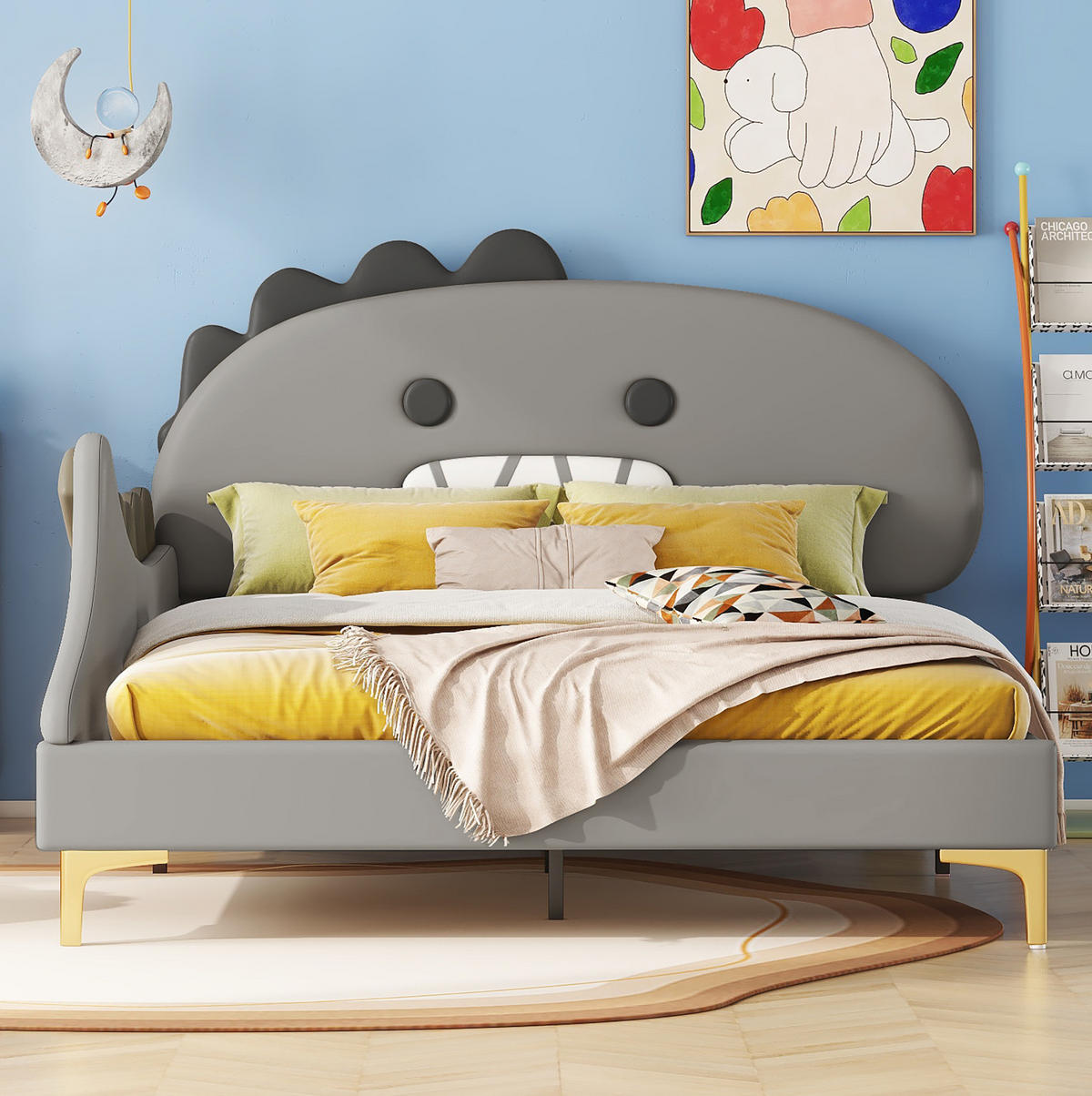 KINDERBETT 140/200 cm in Grau mit Dinosaurier-Kopfteil aus PU - Grau, Leder (140/200cm) - BEAOK