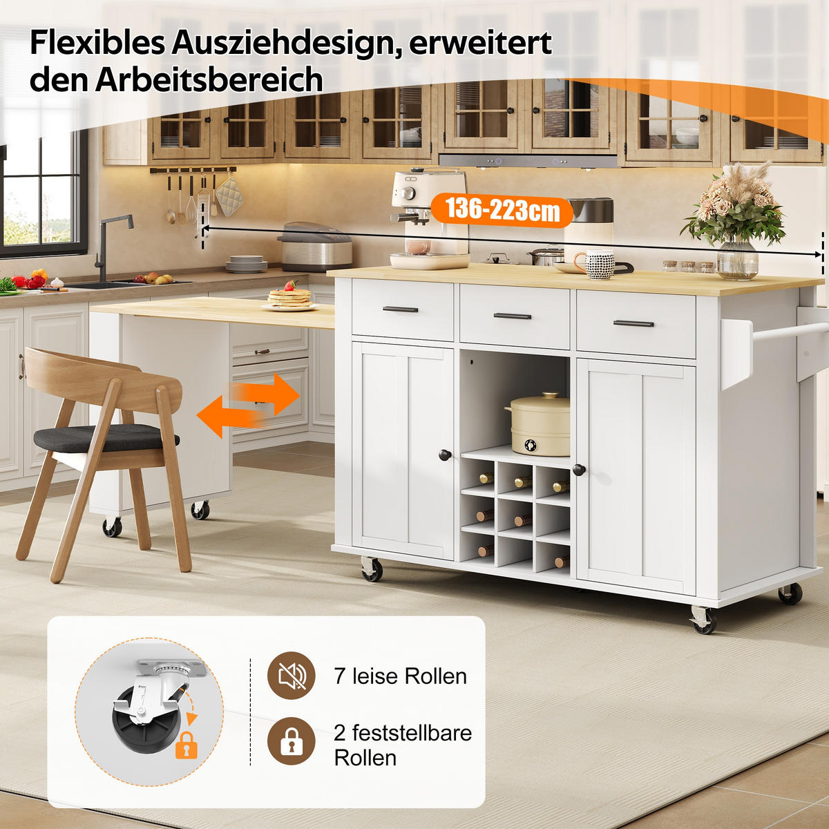 KÜCHENINSEL auf Rollen 136-223/50/93 cm Weiß mit ausziehbarer Arbeitsplatte und 3 Schubladen - Weiß, Holz (50/93/136cm) - Oxeza