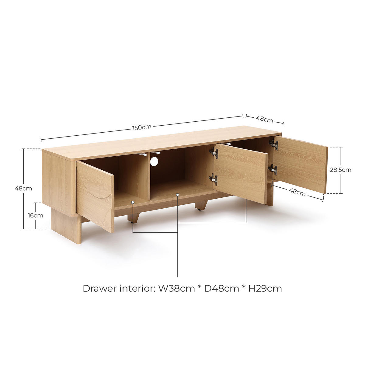 TV Lowboard Holz 160 cm - Eichefarben, Holzwerkstoff (150/48/40cm) - Hometopia