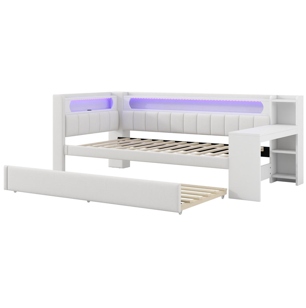TAPECIRANI dnevni krevet 90/200 cm bijeli od MDF-a i šperploče s LED rasvjetom, USB-om i izvlačnim ležajem - bijela, drvni materijal (90/200cm) - OKWISH