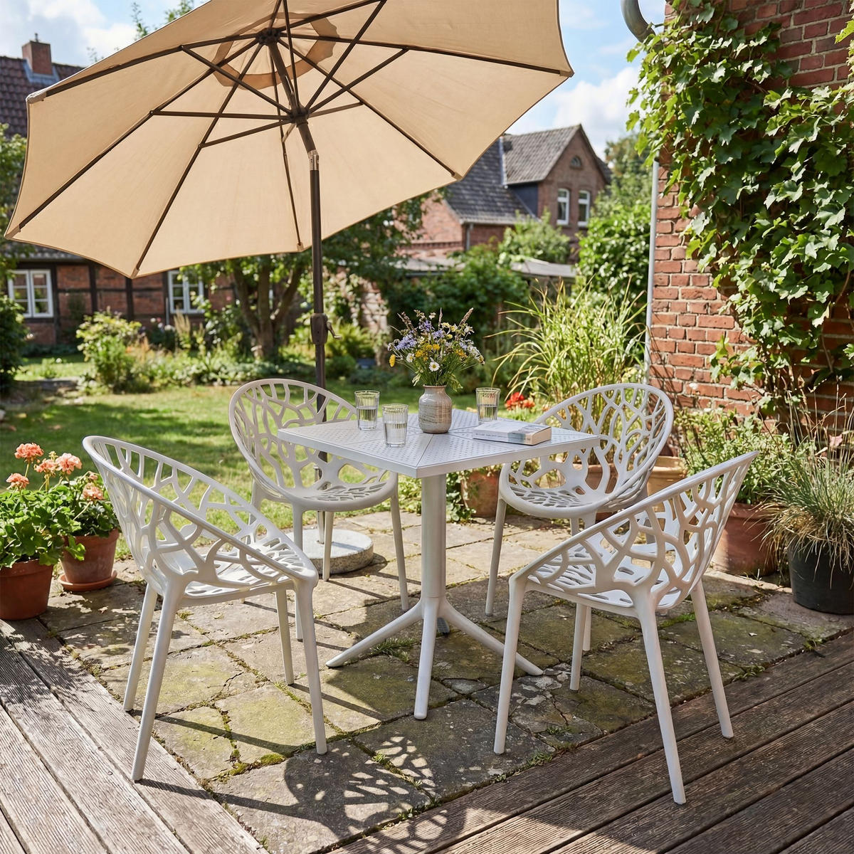 GARTENMÖBEL-SET Sofia 4 Stühle 180x180x80cm Kunststoff Weiß Balkonset - Weiß, Kunststoff - DELUKE