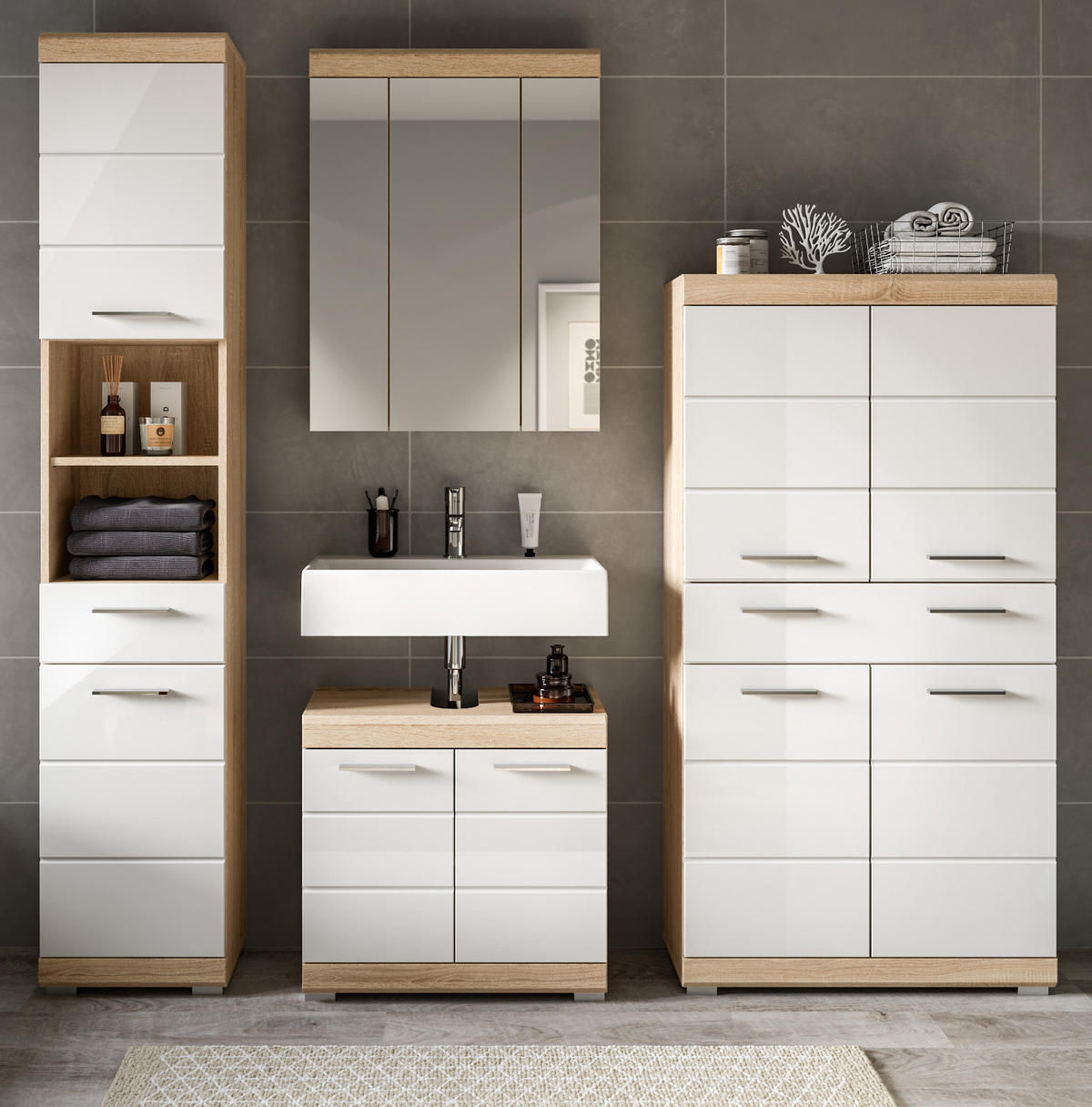 BADMÖBEL-SET weiß Hochglanz, Eiche 4-teilig 186 cm, viel Stauraum - Weiß Hochglanz/Eichefarben, Holzwerkstoff (186/191/34cm) - Inn.Furn