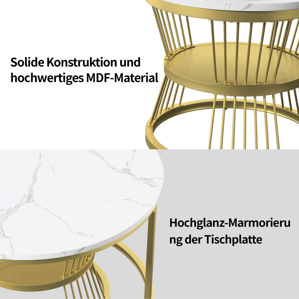 COUCHTISCH rund 2er Set Gold mit Marmoroptik, für Wohnzimmer und Schlafzimmer - Goldfarben, Metall (70/70/45cm) - PARAFTA HOME