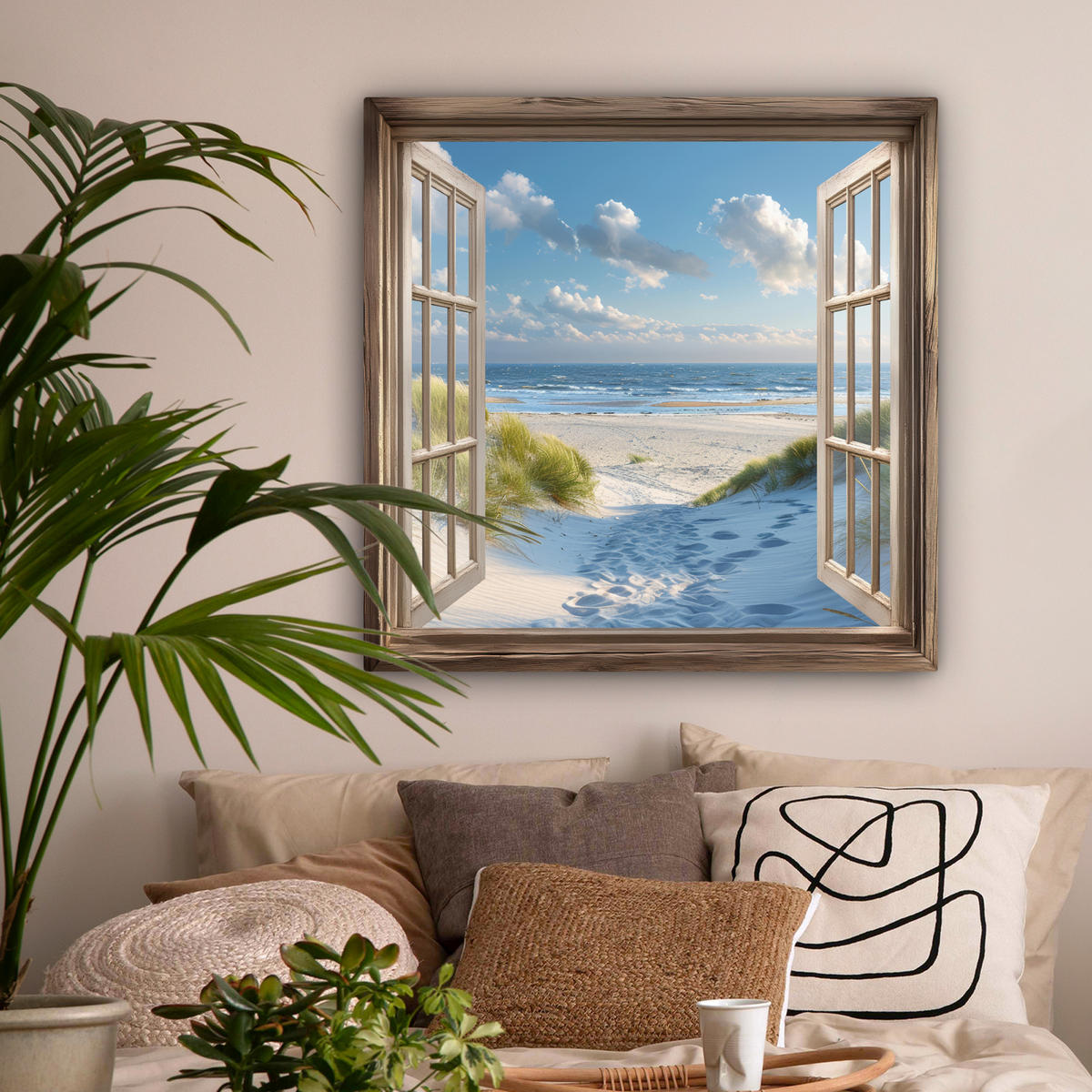 LEINWANDBILD Aussicht - Strand - Fenster - Dünen - Meer Deko Groß 90x90 cm - Hellblau, Textil (90/90cm) - MuchoWow