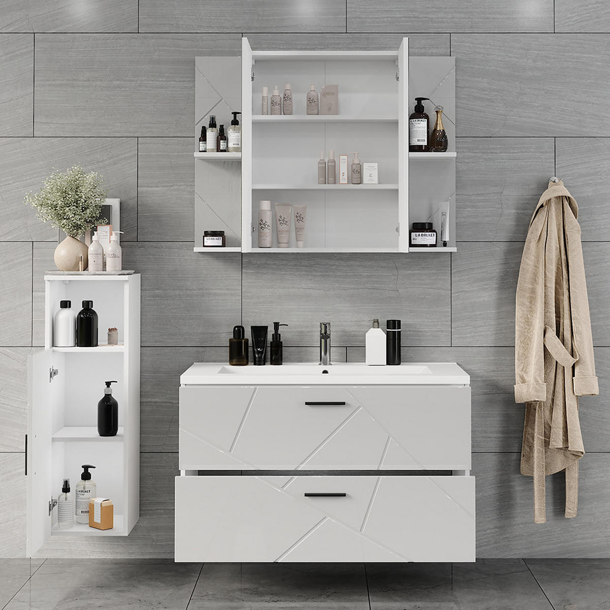 KOUPELNOVÁ SESTAVA NÁBYTKU Irma Bílá/bílý vysoký lesk - vysoce lesklá bílá, kompozitní dřevo (100/57/46cm) - Vicco