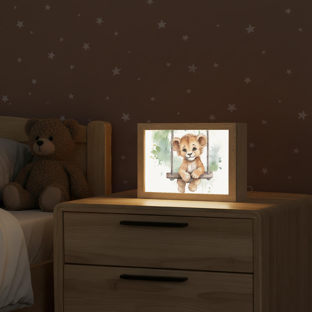 NACHTTISCHLAMPE Löwe - Tier - Kinder - Dschungel 20x15 cm - Weiß, Holzwerkstoff (8/20/15cm)