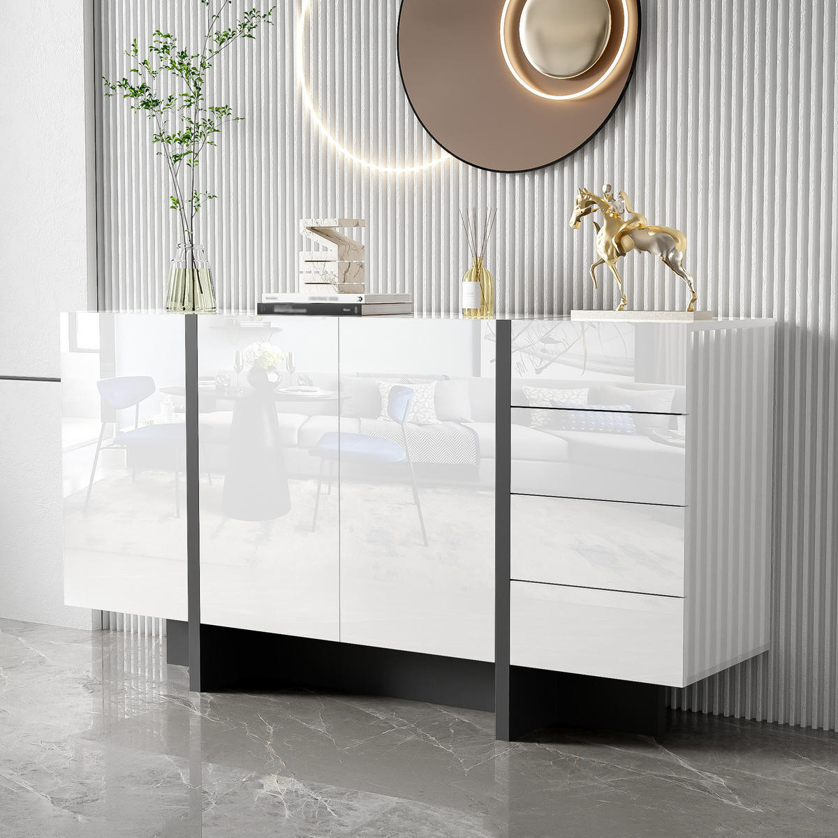 SIDEBOARD Hochglanz Weiß 2 Türen 4 Schubladen Modern - Weiß, Holzwerkstoff (40/80.5/150cm) - FLIEKS